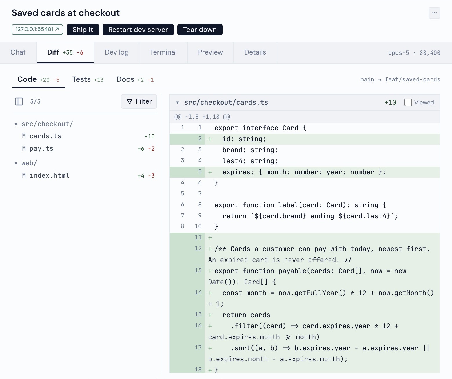 The Diff tab: the feature branch against main, split into Code, Tests and Docs tabs, with a file list beside the changed lines.